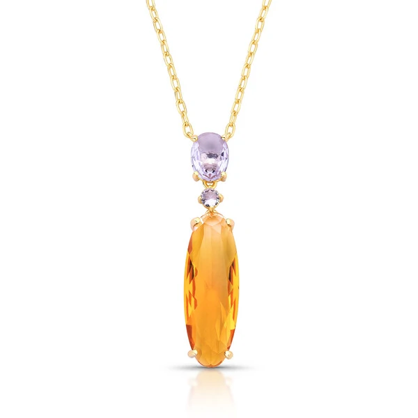 Colar dourado pingente cristais ovais e redondo laranja e lavanda