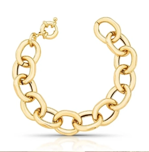 Pulseira dourada com elos ovais vazados lisos fecho boia