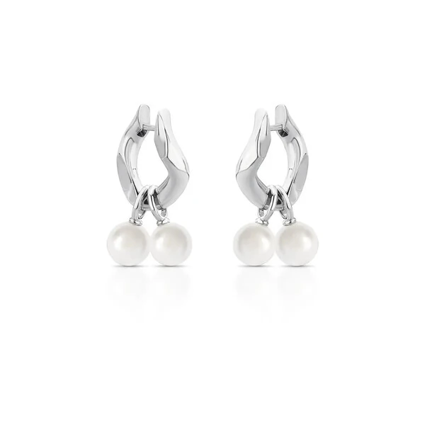 Brinco argola ródio branco estilo elo groumet com pingente pérola Shell