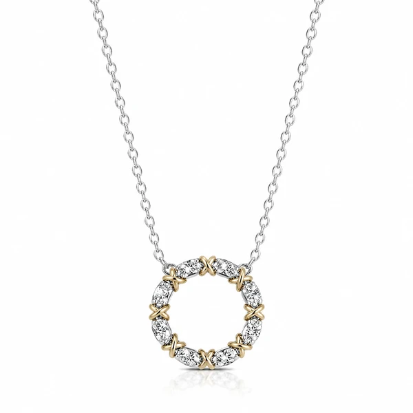 Colar ródio branco mandala cravejado detalhe X dourado