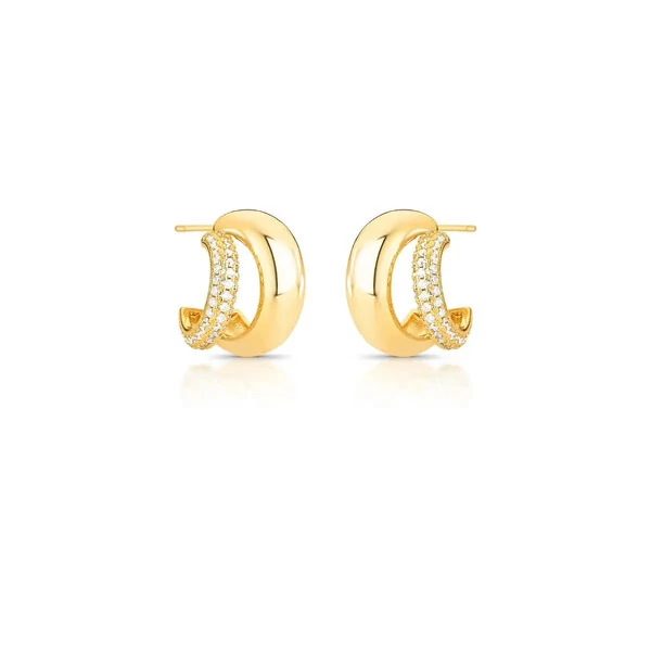 Brinco meia argola dourada linha lisa grossa e menor cravejada