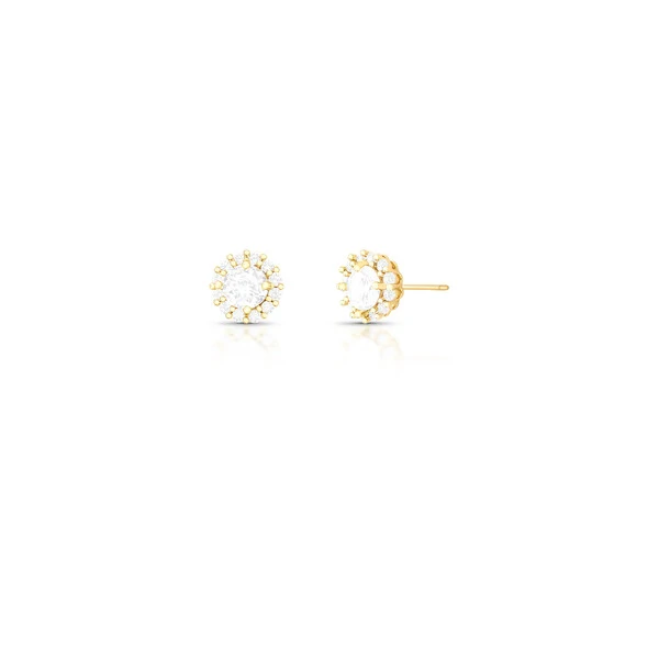 Brinco dourado ponto de luz zirc 4 garras e entorno cravejado