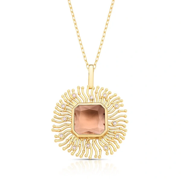 Colar dourado elos retangulares com pingente solare cristal champanhe e fecho click