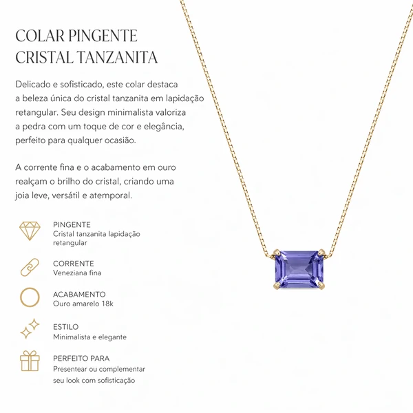 Colar dourado pingente cristal retangular tanzanita