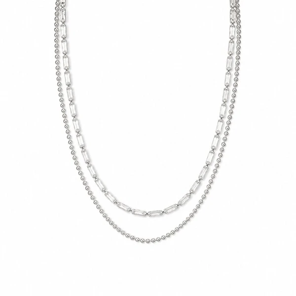 Colar ródio branco duplo esferas lisas e retangulos cristal