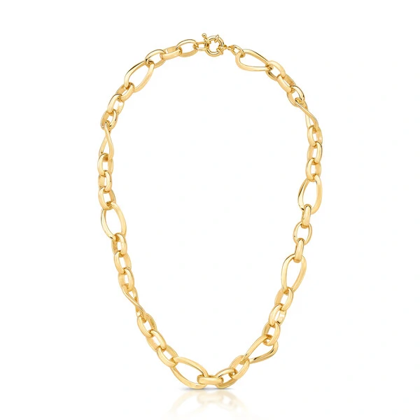 Colar dourado elos ovais intercalados, torcidos e vazados