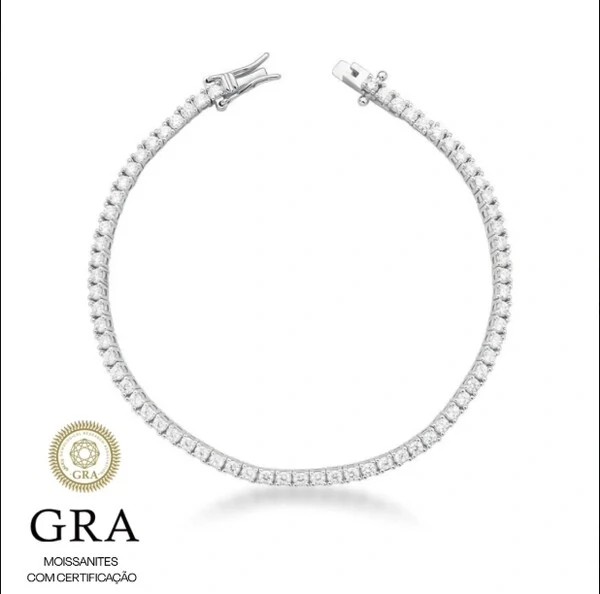 Pulseira riviera prata 925 MOISSANITE 3mm 5.0CT 4 garras