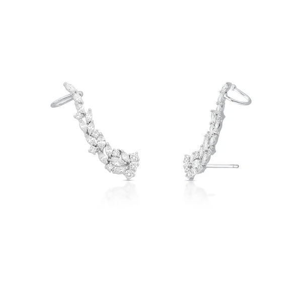 Brinco ear cuff ródio branco com cristais navete e redondos com piercing