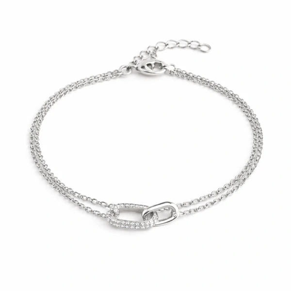 Pulseira ródio branco corrente dupla com pingente elo liso e cravejado inspired