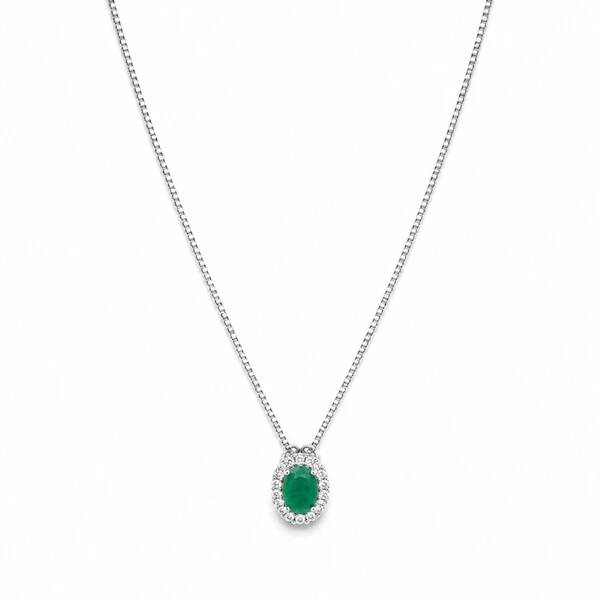 Colar ródio branco oval com zircônia esmeralda fusion entorno cravejado