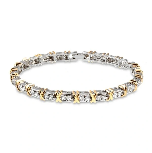 Pulseira bracelete ródio branco zircônia cristal e detalhes x dourado