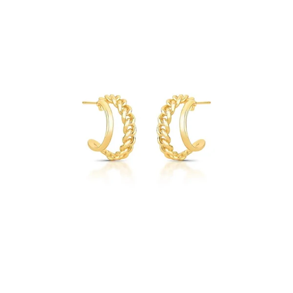 Brinco meia argola dourada vazada 2 filetes liso e elo groumet