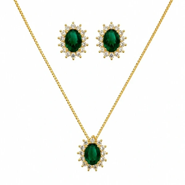 Conjunto dourado oval esmeralda entorno cravejado