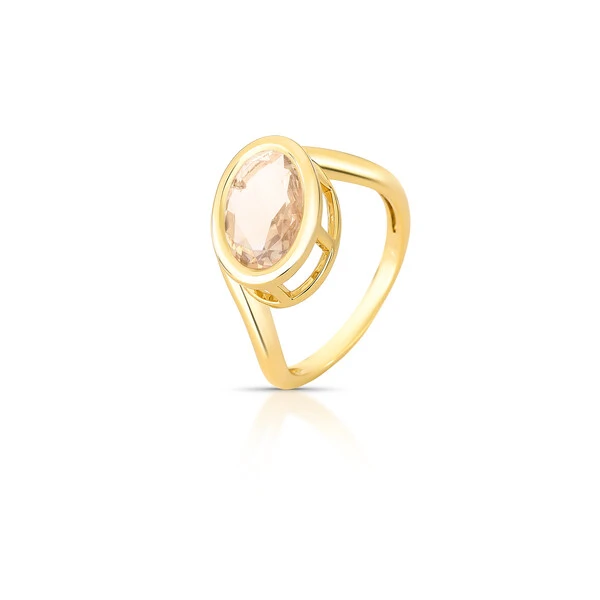 Anel dourado cristal champanhe oval e fileira curva