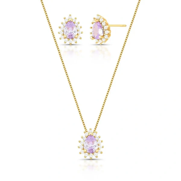 Conjunto dourado oval ametista e zircônias cristal entorno