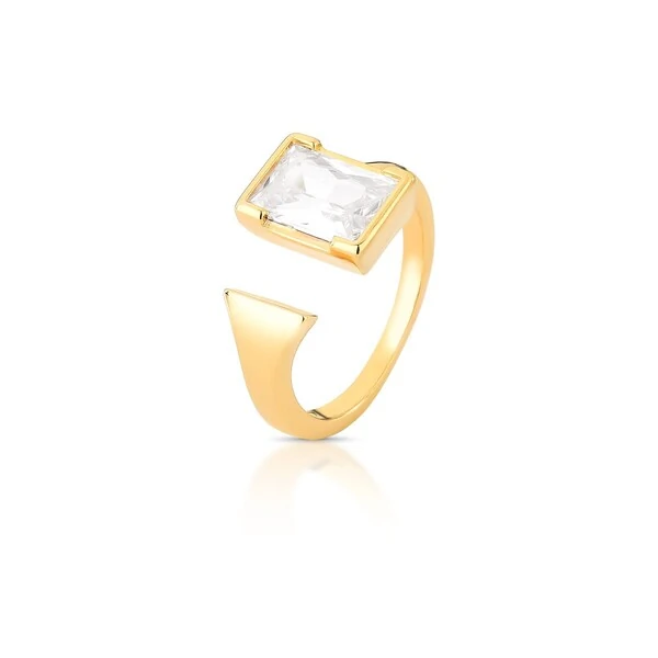 Anel regulável dourado com cristal retangular curvo
