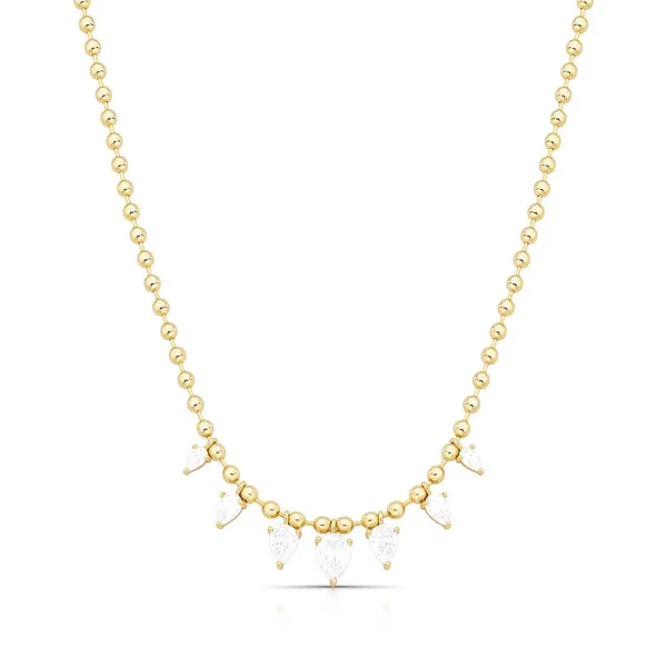 Colar dourado de mini esferas lisas com sete zircônias em formato de gota