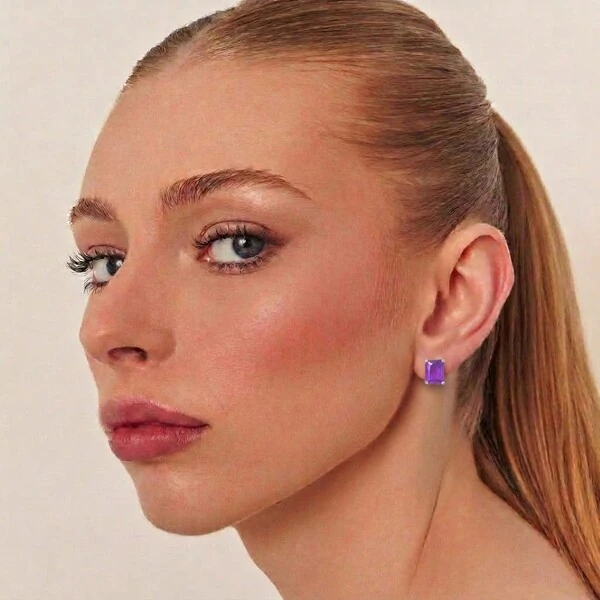 Brinco ródio branco com cristal retangular ametista