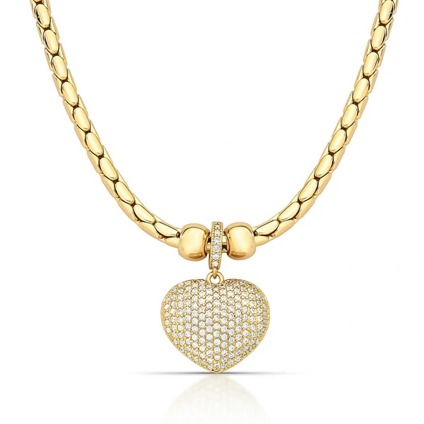 Colar dourado trama lisa com pingente coração cravejado com fecho boia