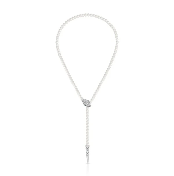 Colar em banho de ródio branco pérolas regulável com pingente snake cravejado
