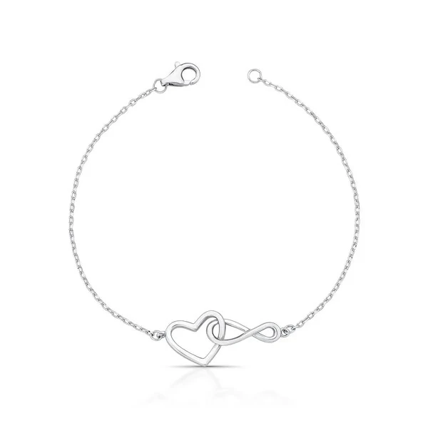 Pulseira prata 925 com pingente coração e símbolo do infinito trançado