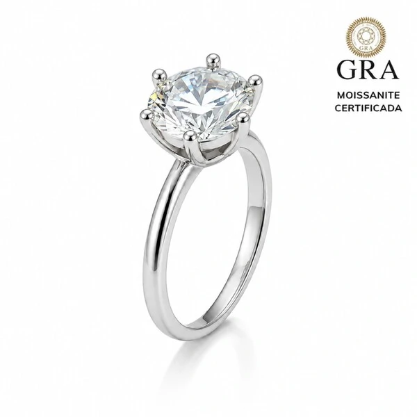 Anel solitário prata 925 MOISSANITE 8mm 2ct