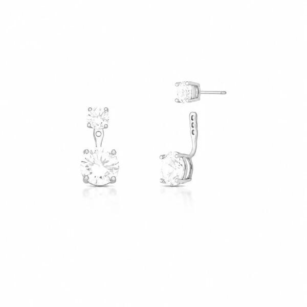 Brinco ear jacket 2 em 1 em ródio branco com duas zircônias redondas em garra