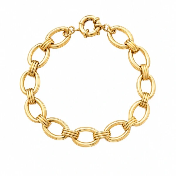 Pulseira dourada elos ovalados intercalados lisos fecho boia