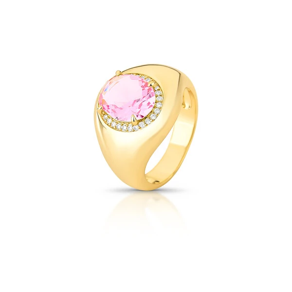 Anel dourado oval rosa 4 garra enterno crav e base lisa