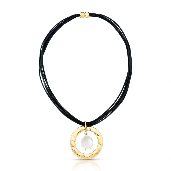 Colar dourado fios de seda negro e pingente mandala e perola natural fecho imã