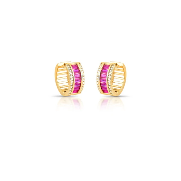 Brinco argola dourada zircônias turmalina rosa e zircônia cristal em linha