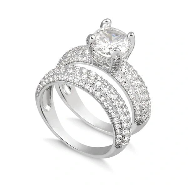 Anel duplo solitário ródio branco cravejado