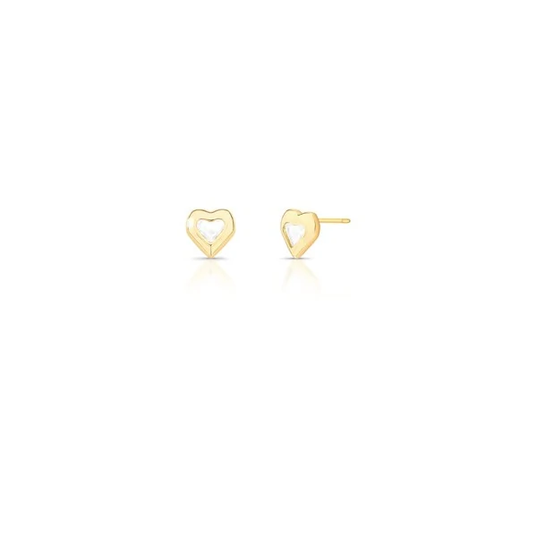 Brinco dourado cristal em formato de coração e estrutura curva