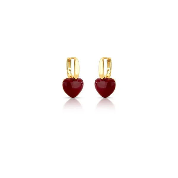 Brinco argola dourada coração esmaltado vinho , fecho click