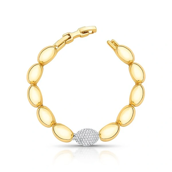Pulseira dourada ovais lisos e1 oval cravejado zircônia cristal em ródio branco