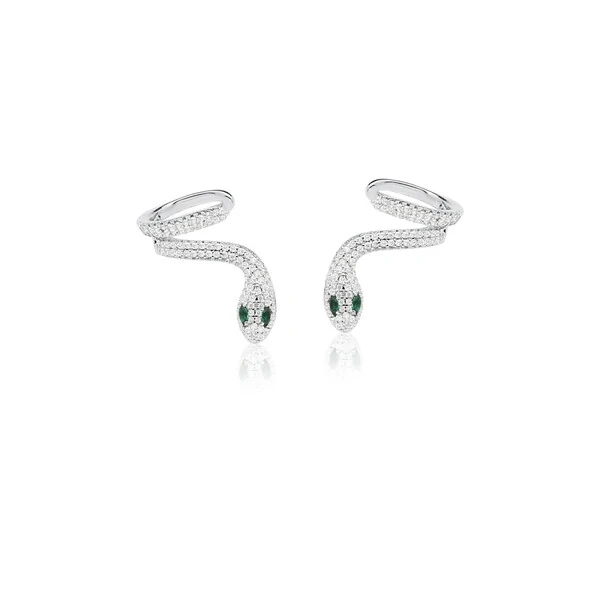 Brinco ear cuff ródio branco snake cravejado cristal com olho esmeralda