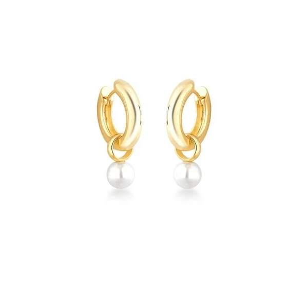 Brinco argola dourada lisa com pingente de pérola shell 2em 1 com fecho de click