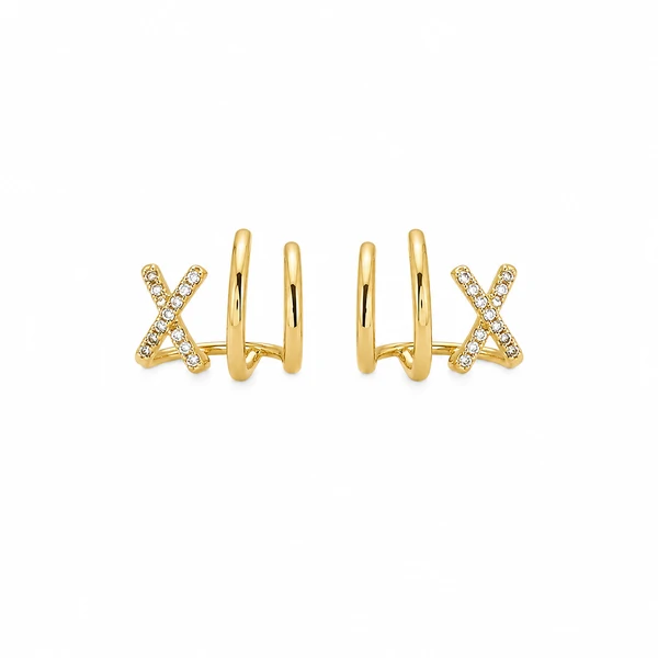 Brinco ear cuff dourado 2 linhas lisas e X cravejado