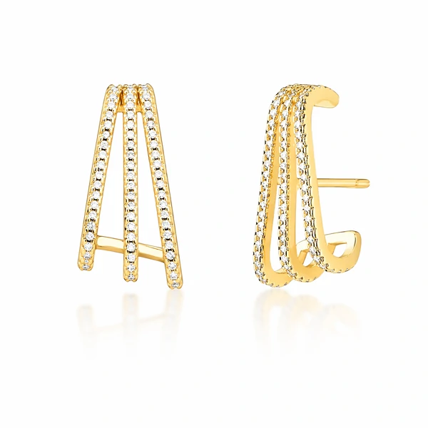 Brinco ear hook dourado três voltas cravejado