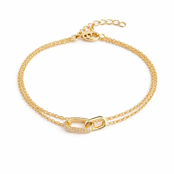 Pulseira com banho de ouro 18K corrente dupla com pingente elo liso e cravejado inspired