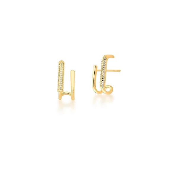 Brinco ear hook dourado duas voltas uma lisa e uma cravejada