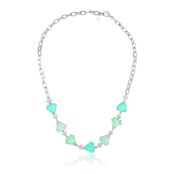 Colar choker ródio branco 7 triângulos tons fusion esmeralda colombiana