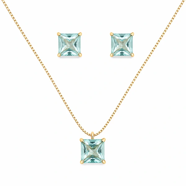 Conjunto dourado colar e brinco cristal quadrado água marinha