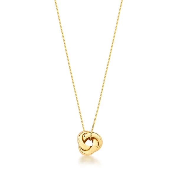 Colar dourado com pingente redondo entrelaçado liso e vazado