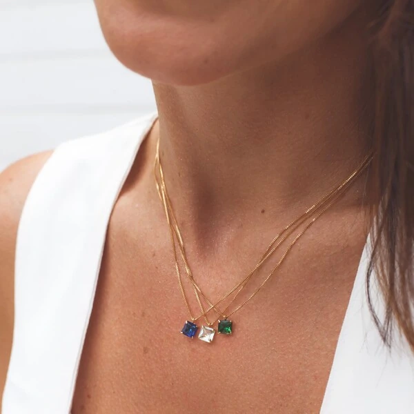 Conjunto dourado colar e brinco cristal quadrado água marinha