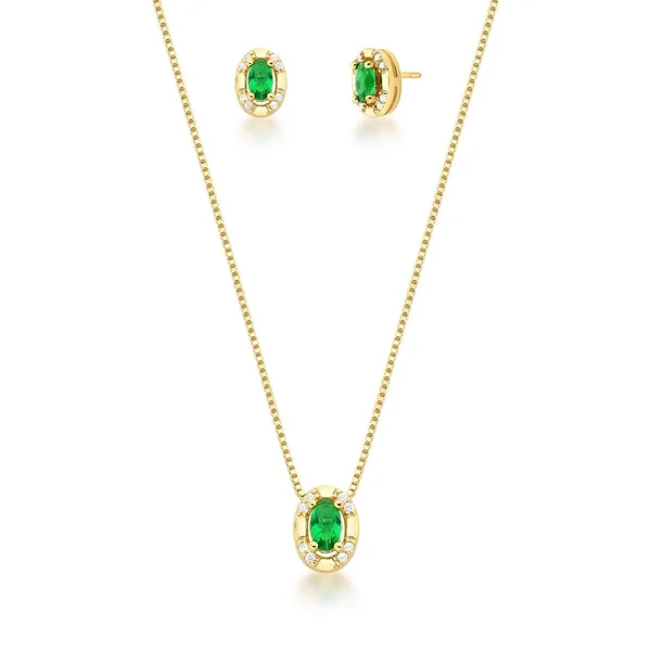 Conjunto dourado pingente oval esmeralda e cravejado com zircônia cristal