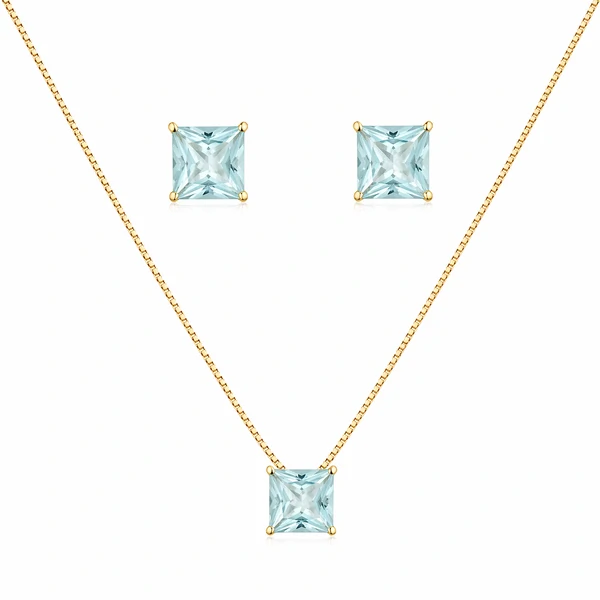 Conjunto dourado colar e brinco cristal quadrado água marinha