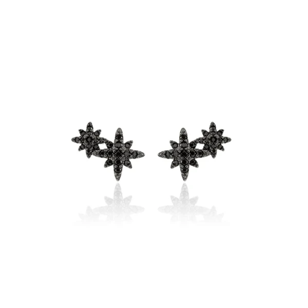 Brinco ear cuff ródio negro 2 estrelas cravejado de zircônia negra