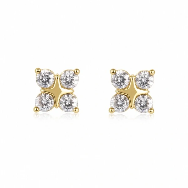 Brinco dourado flor 4 zircônia cristal P