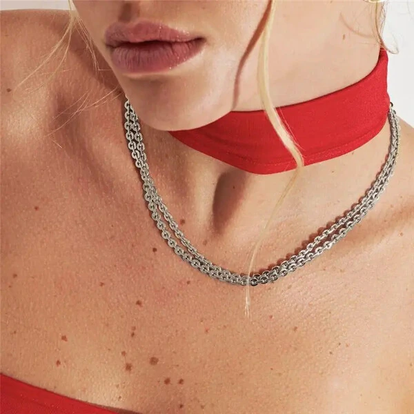 Colar ródio branco liso de elos redondos intercalados